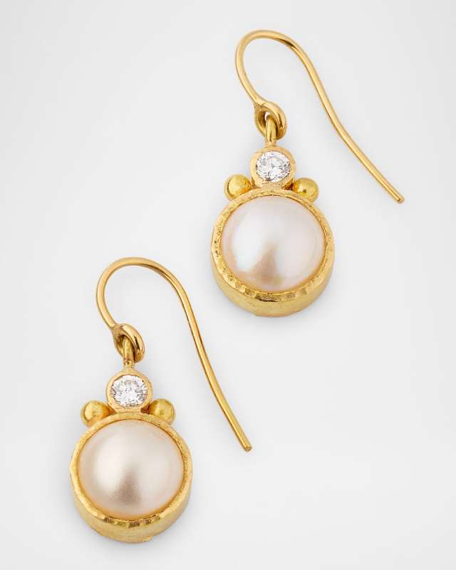 19K Yellow Gold White Mabe Pearl Earrings with Diamonds and Dots